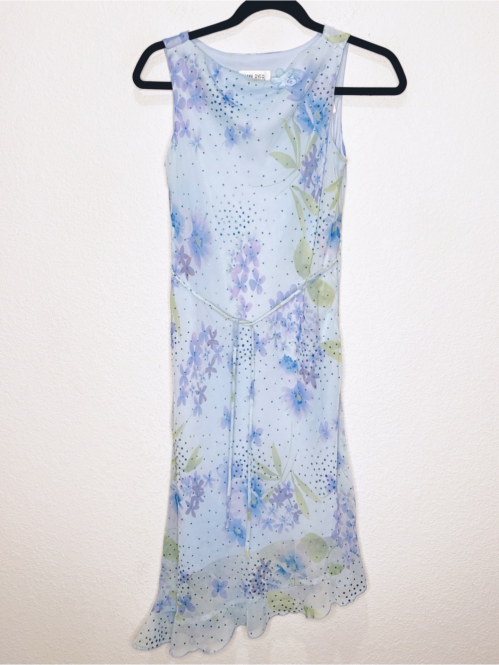Y2K Pastel Cowl Neck Midi Dress Asymmetrical Hem Ruffle Embellished BRATZ Fairy